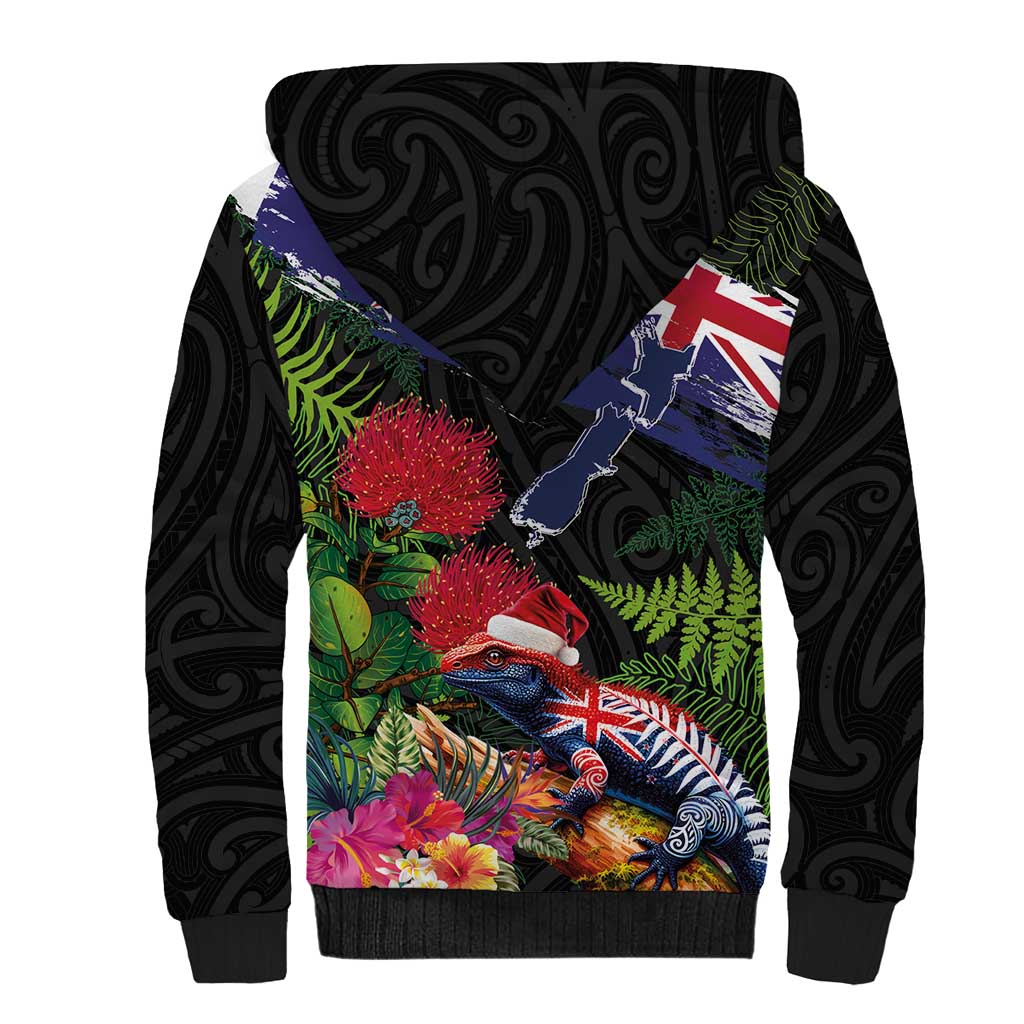 New Zealand Christmas Sherpa Hoodie Meri Kirihimete-Tuatara and Pohutukawa Black Color
