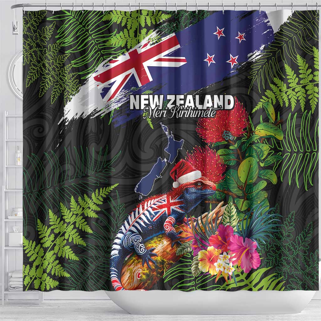 New Zealand Christmas Shower Curtain Meri Kirihimete-Tuatara and Pohutukawa Black Color