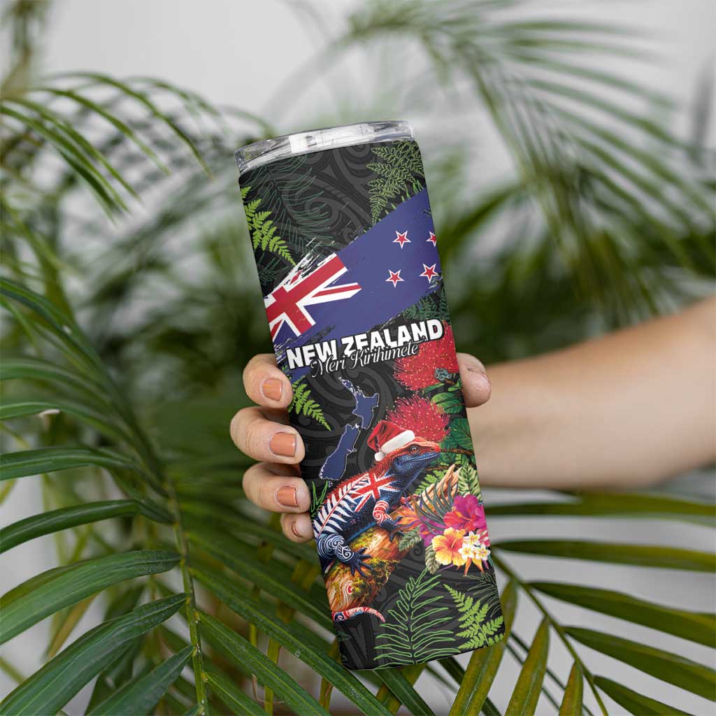New Zealand Christmas Skinny Tumbler Meri Kirihimete-Tuatara and Pohutukawa Black Color