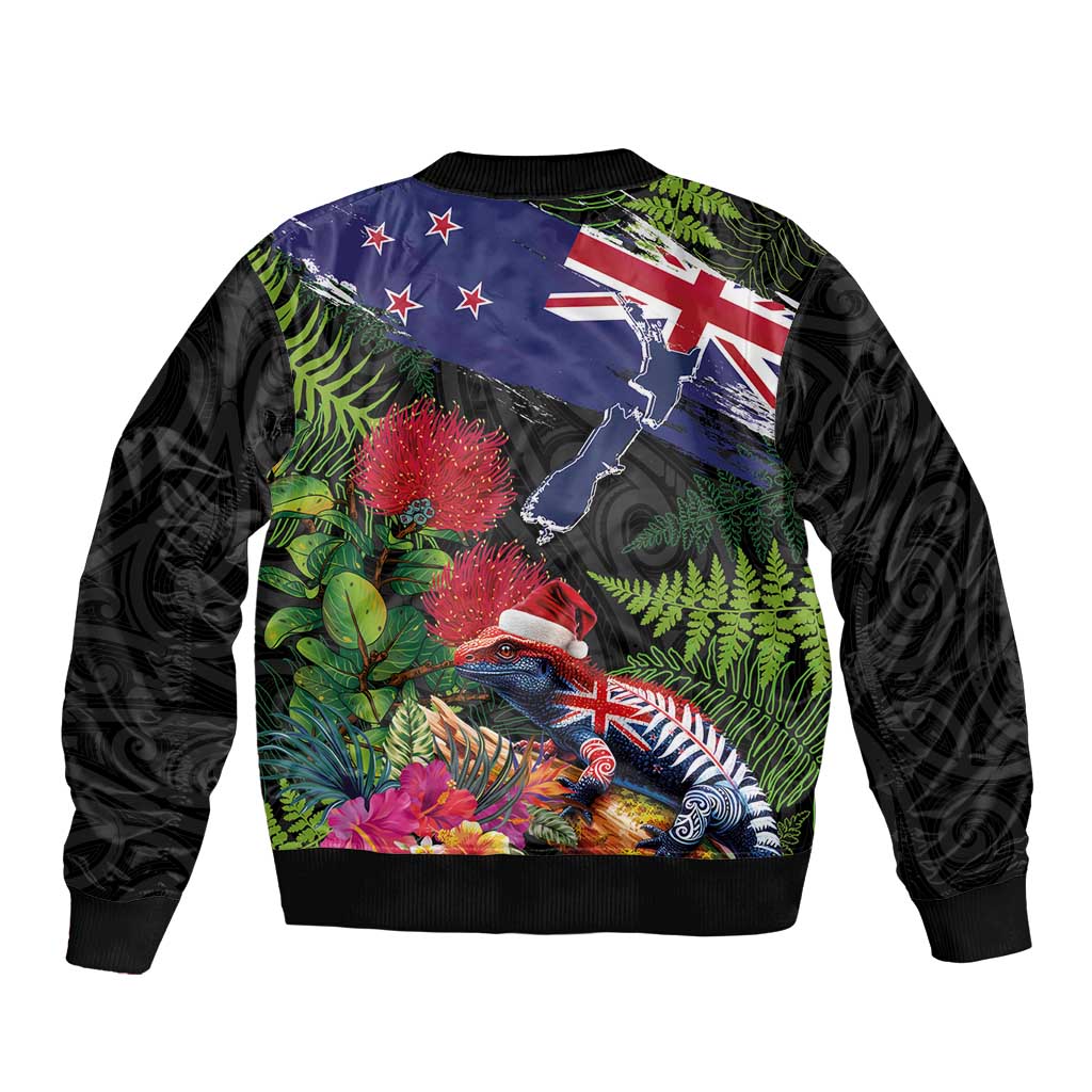 New Zealand Christmas Sleeve Zip Bomber Jacket Meri Kirihimete-Tuatara and Pohutukawa Black Color