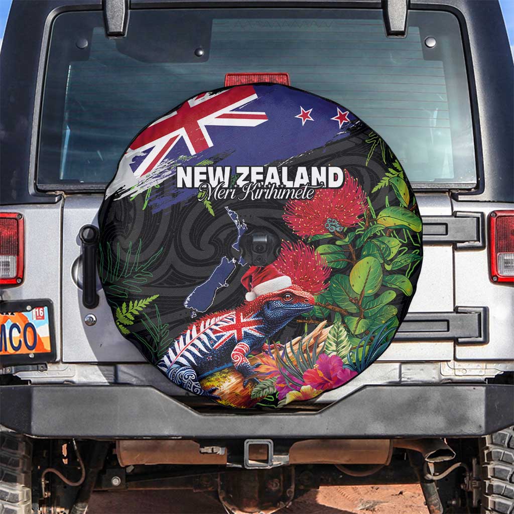 New Zealand Christmas Spare Tire Cover Meri Kirihimete-Tuatara and Pohutukawa Black Color