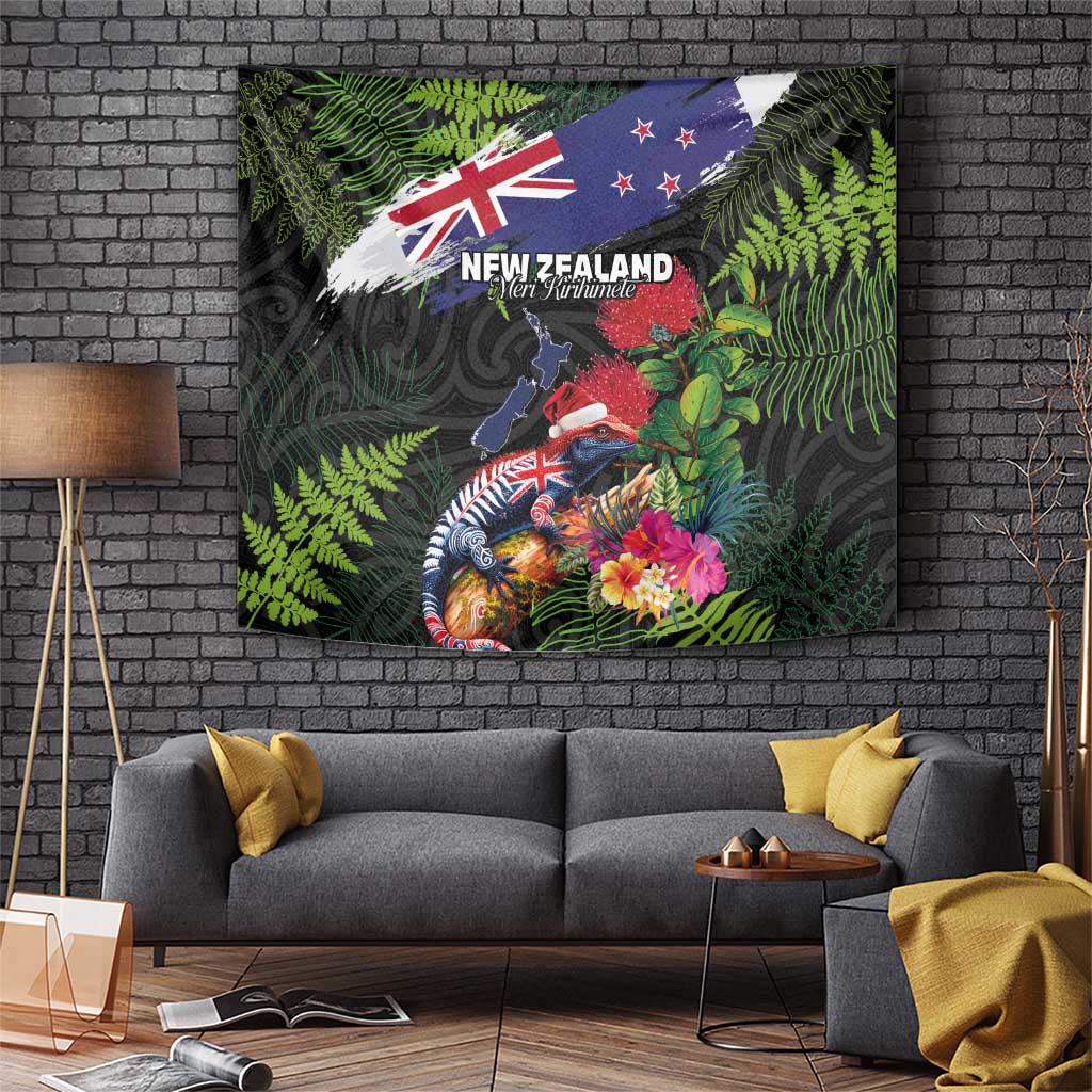 New Zealand Christmas Tapestry Meri Kirihimete-Tuatara and Pohutukawa Black Color