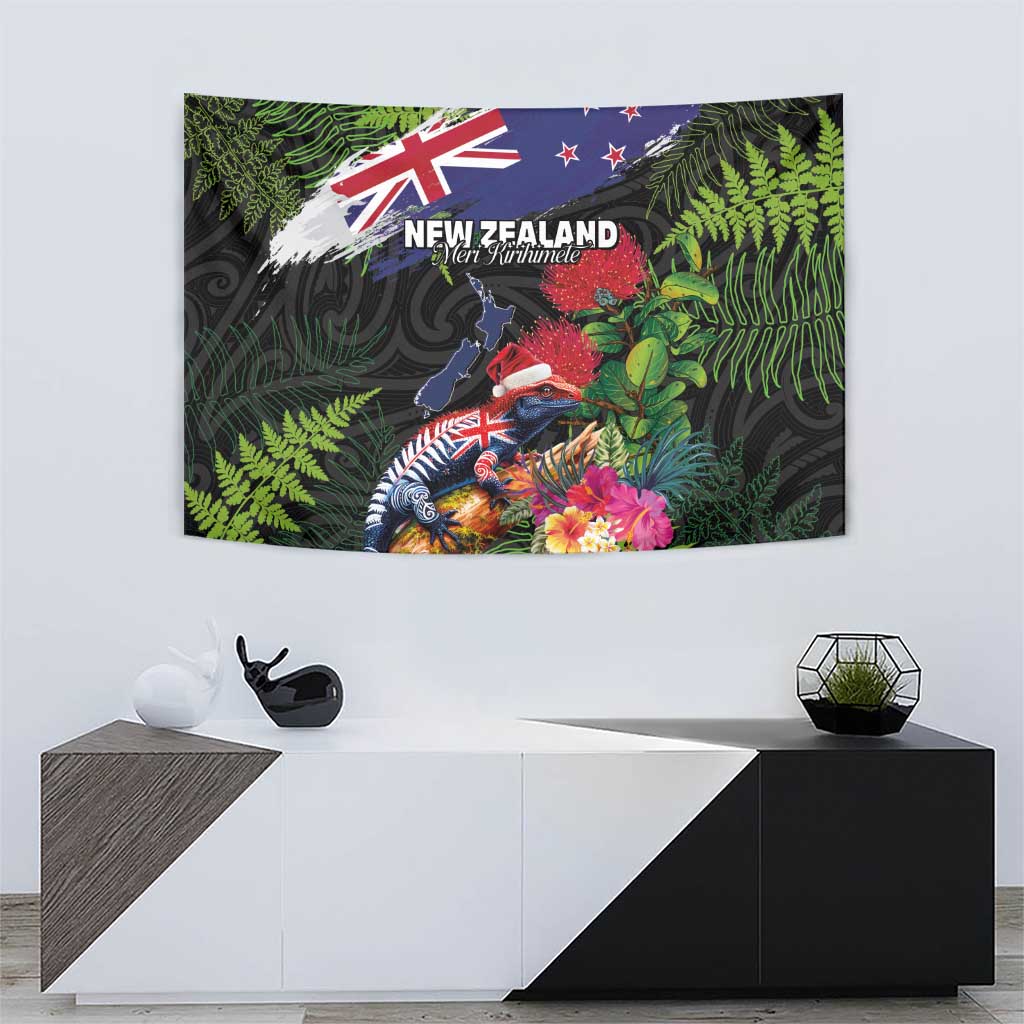 New Zealand Christmas Tapestry Meri Kirihimete-Tuatara and Pohutukawa Black Color