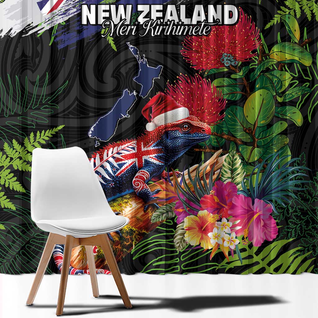 New Zealand Christmas Window Curtain Meri Kirihimete-Tuatara and Pohutukawa Black Color