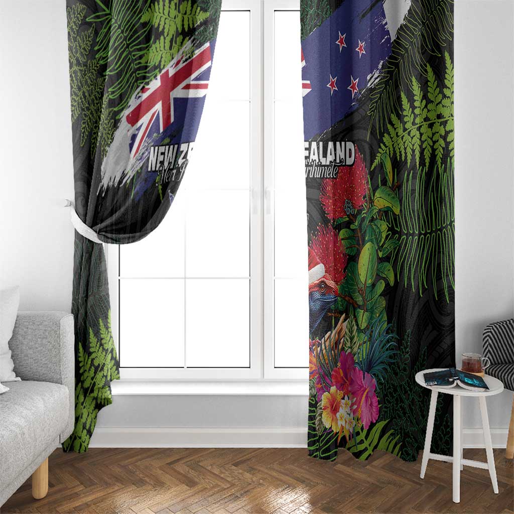 New Zealand Christmas Window Curtain Meri Kirihimete-Tuatara and Pohutukawa Black Color