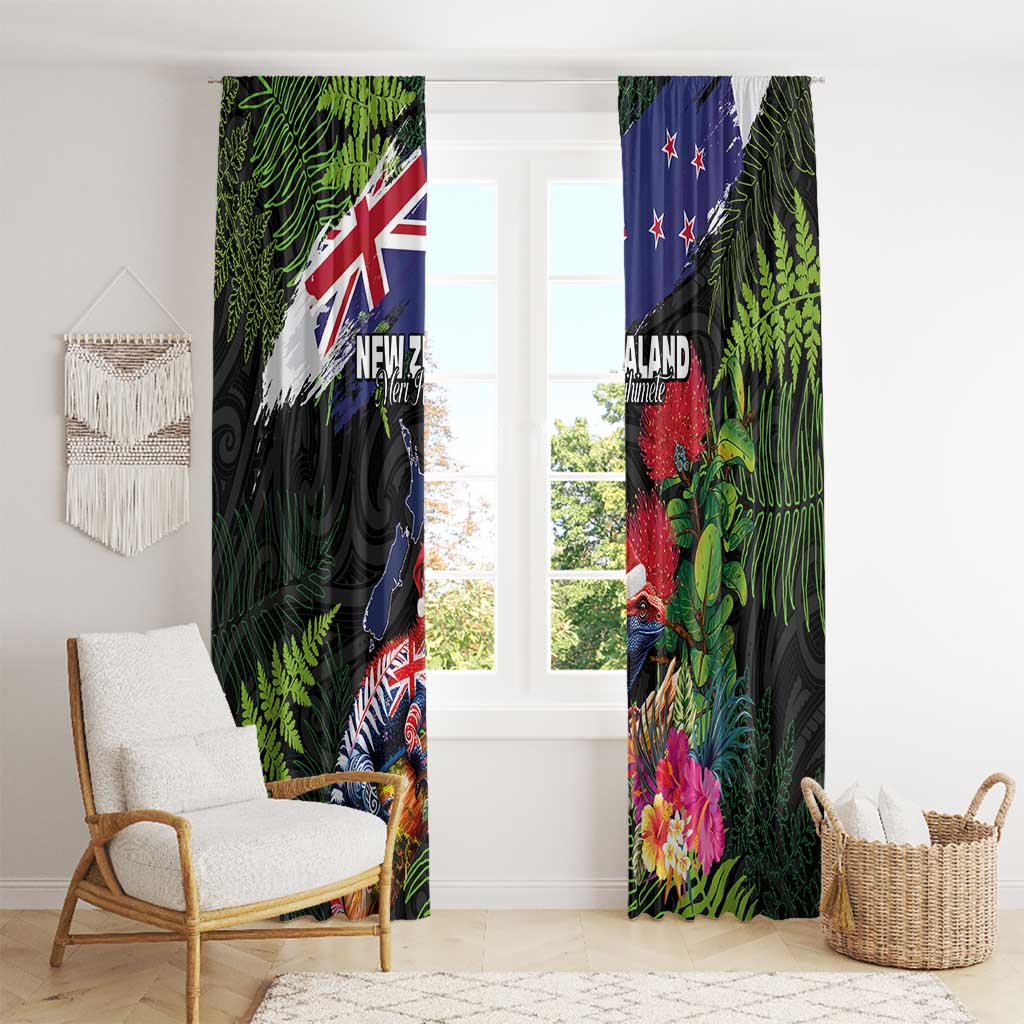 New Zealand Christmas Window Curtain Meri Kirihimete-Tuatara and Pohutukawa Black Color