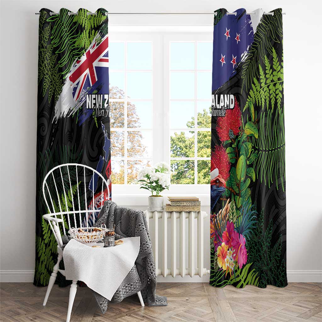 New Zealand Christmas Window Curtain Meri Kirihimete-Tuatara and Pohutukawa Black Color