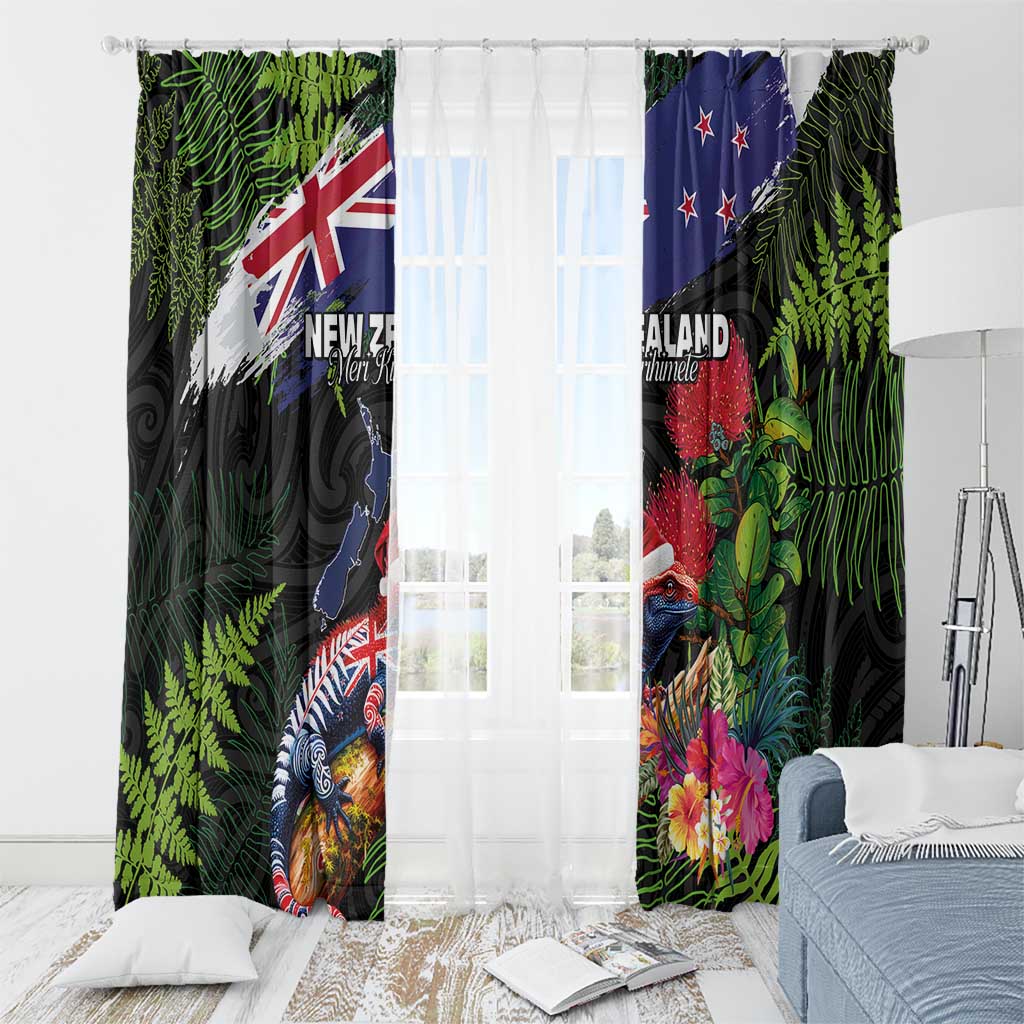 New Zealand Christmas Window Curtain Meri Kirihimete-Tuatara and Pohutukawa Black Color