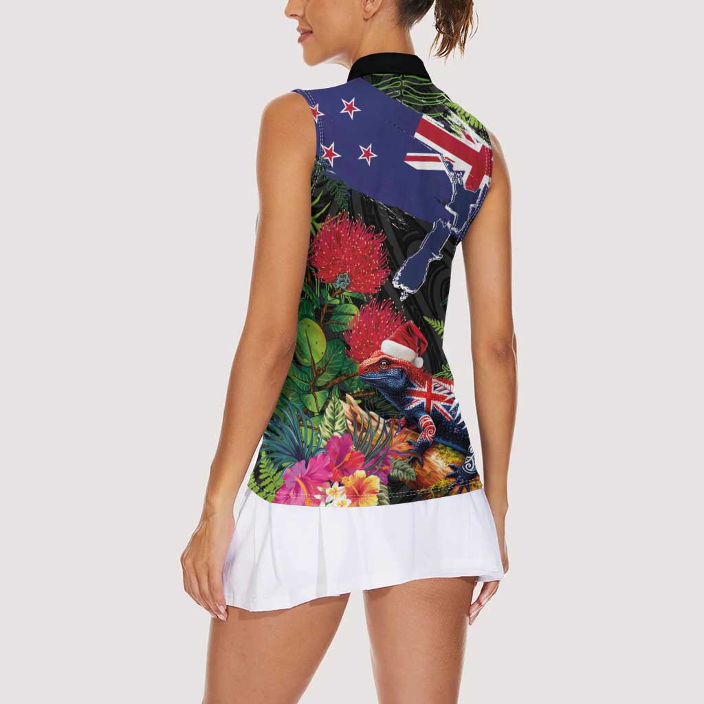 New Zealand Christmas Women Sleeveless Polo Shirt Meri Kirihimete-Tuatara and Pohutukawa Black Color