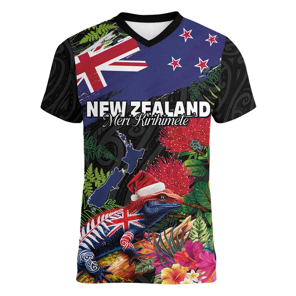 New Zealand Christmas Women V-Neck T-Shirt Meri Kirihimete-Tuatara and Pohutukawa Black Color