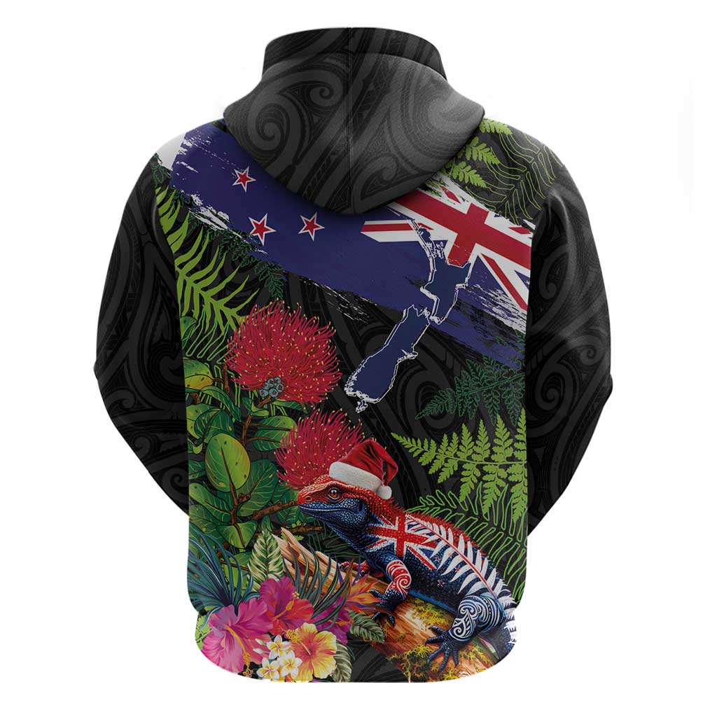 New Zealand Christmas Zip Hoodie Meri Kirihimete-Tuatara and Pohutukawa Black Color