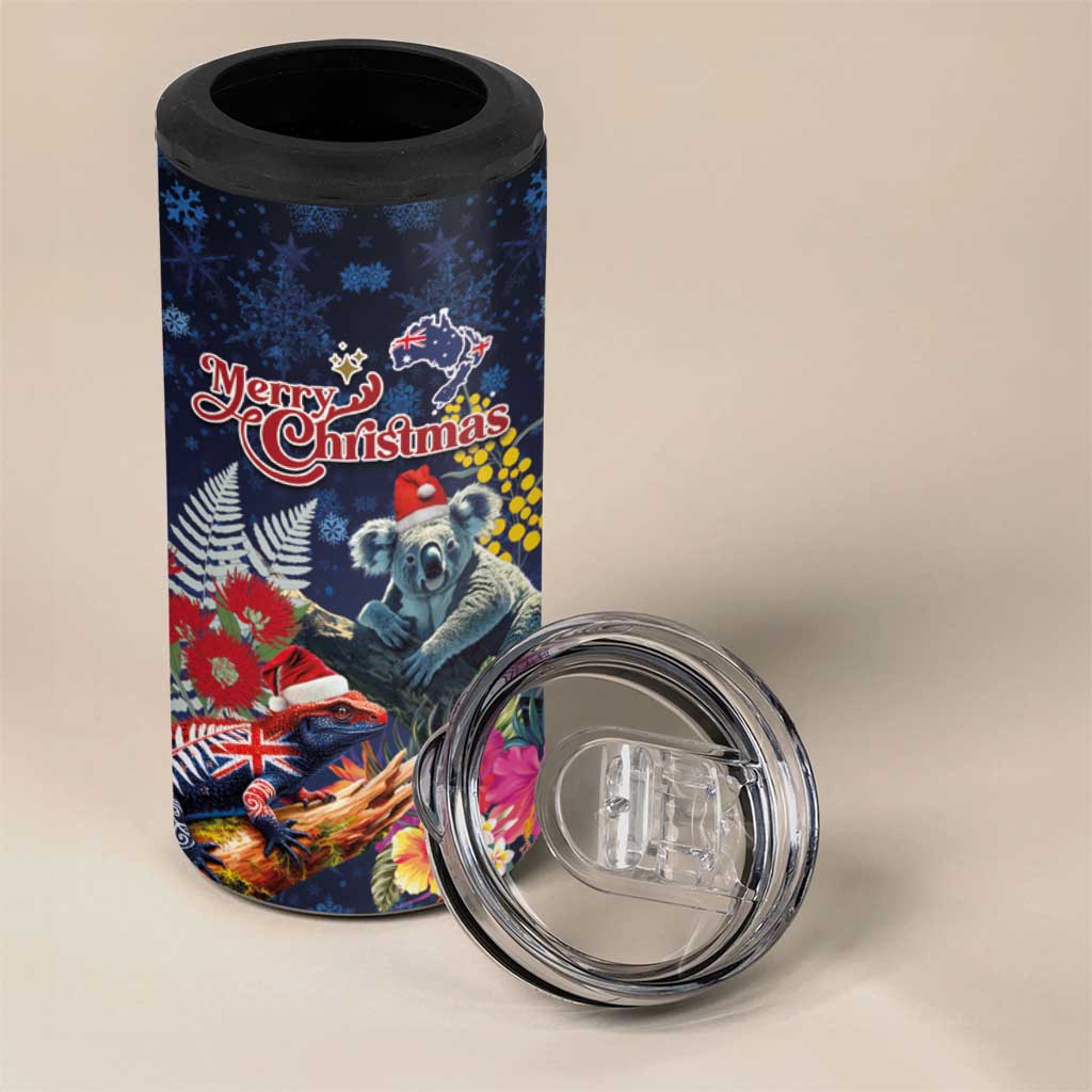 Australia and New Zealand 4 in 1 Can Cooler Tumbler Merry Christmas-Tuatara and Koala with Plants Xmas Style