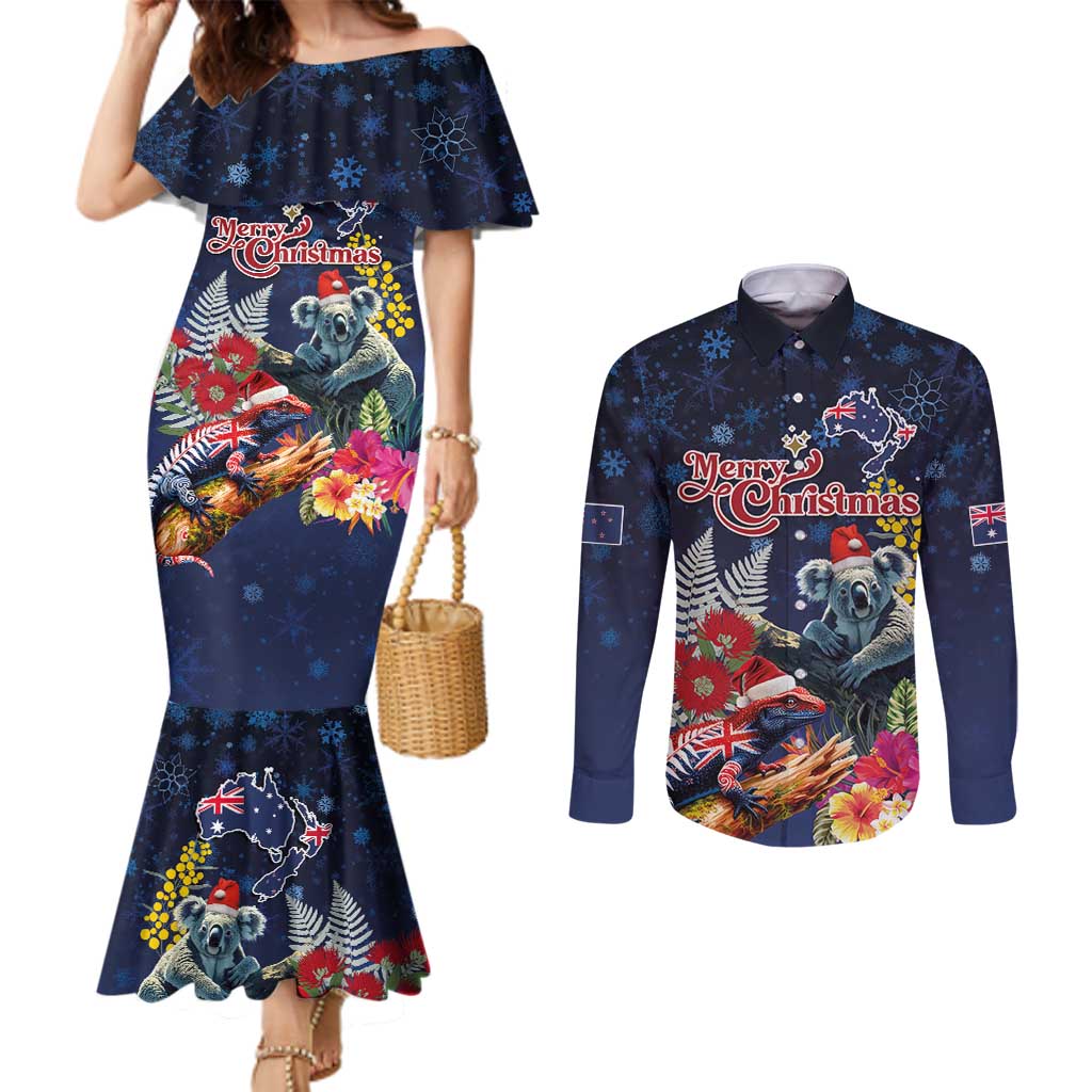 Australia and New Zealand Couples Matching Mermaid Dress and Long Sleeve Button Shirt Merry Christmas-Tuatara and Koala with Plants Xmas Style LT03 Navy - Polynesian Pride