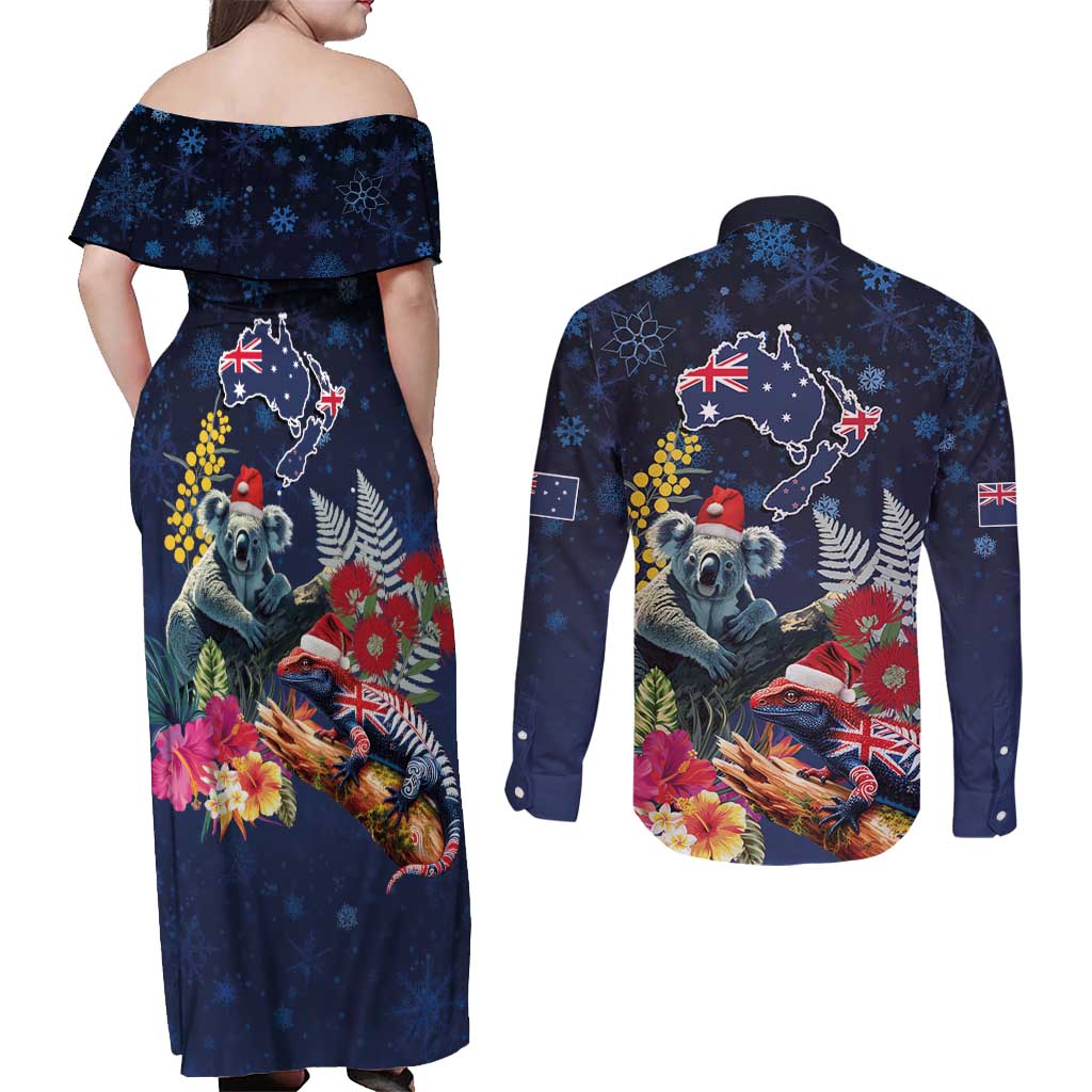 Australia and New Zealand Couples Matching Off Shoulder Maxi Dress and Long Sleeve Button Shirt Merry Christmas-Tuatara and Koala with Plants Xmas Style LT03 - Polynesian Pride