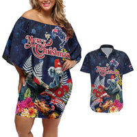 Australia and New Zealand Couples Matching Off Shoulder Short Dress and Hawaiian Shirt Merry Christmas-Tuatara and Koala with Plants Xmas Style LT03 Navy - Polynesian Pride