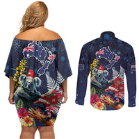 Australia and New Zealand Couples Matching Off Shoulder Short Dress and Long Sleeve Button Shirt Merry Christmas-Tuatara and Koala with Plants Xmas Style LT03 - Polynesian Pride