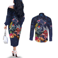 Australia and New Zealand Couples Matching Off The Shoulder Long Sleeve Dress and Long Sleeve Button Shirt Merry Christmas-Tuatara and Koala with Plants Xmas Style LT03 - Polynesian Pride