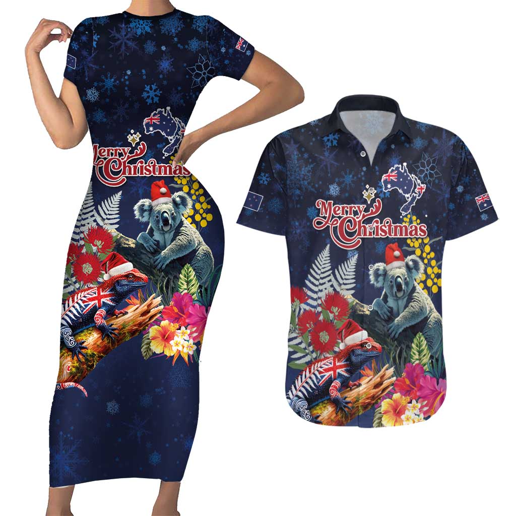 Australia and New Zealand Couples Matching Short Sleeve Bodycon Dress and Hawaiian Shirt Merry Christmas-Tuatara and Koala with Plants Xmas Style LT03 Navy - Polynesian Pride
