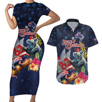 Australia and New Zealand Couples Matching Short Sleeve Bodycon Dress and Hawaiian Shirt Merry Christmas-Tuatara and Koala with Plants Xmas Style LT03 Navy - Polynesian Pride