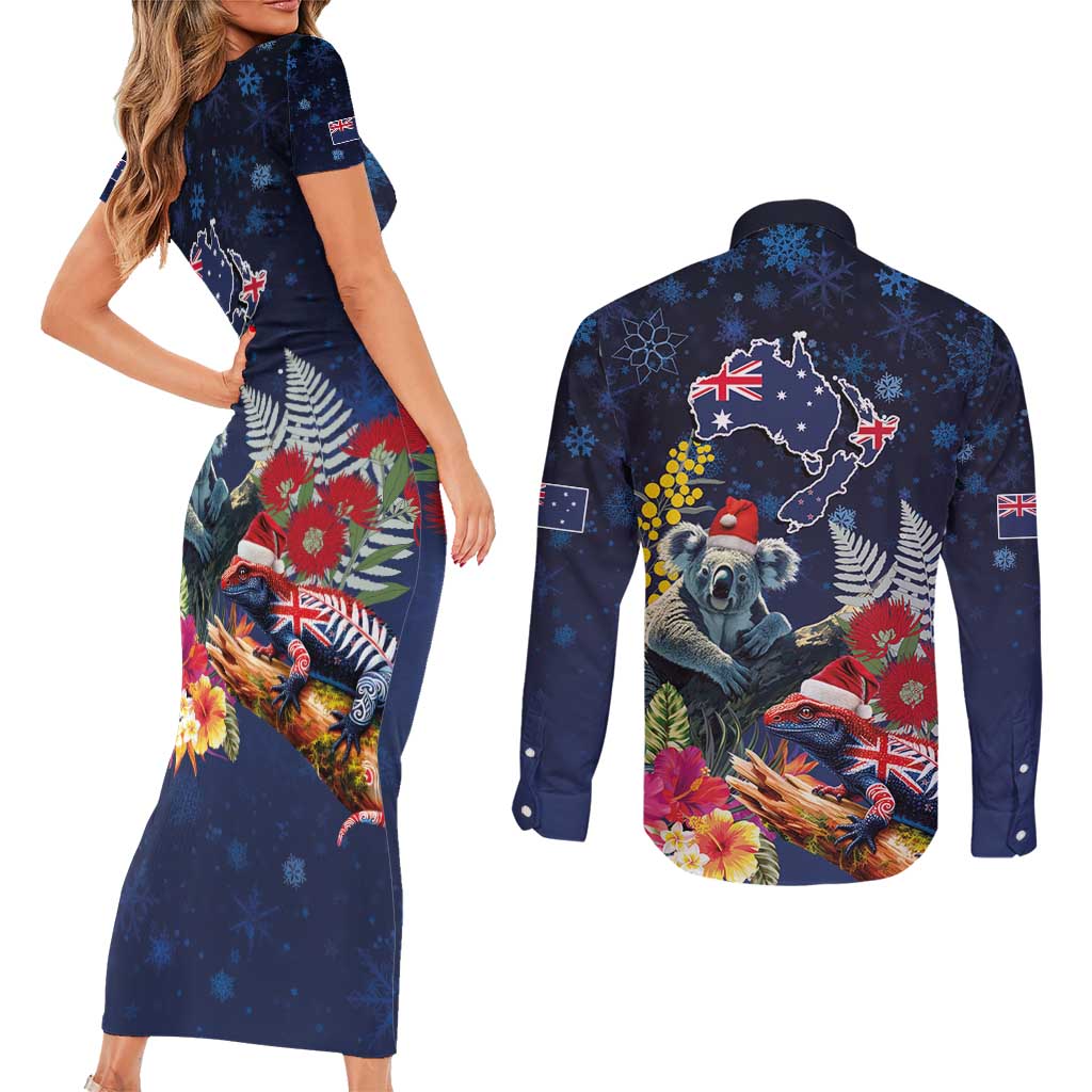 Australia and New Zealand Couples Matching Short Sleeve Bodycon Dress and Long Sleeve Button Shirt Merry Christmas-Tuatara and Koala with Plants Xmas Style LT03 - Polynesian Pride