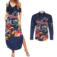Australia and New Zealand Couples Matching Summer Maxi Dress and Long Sleeve Button Shirt Merry Christmas-Tuatara and Koala with Plants Xmas Style LT03 Navy - Polynesian Pride