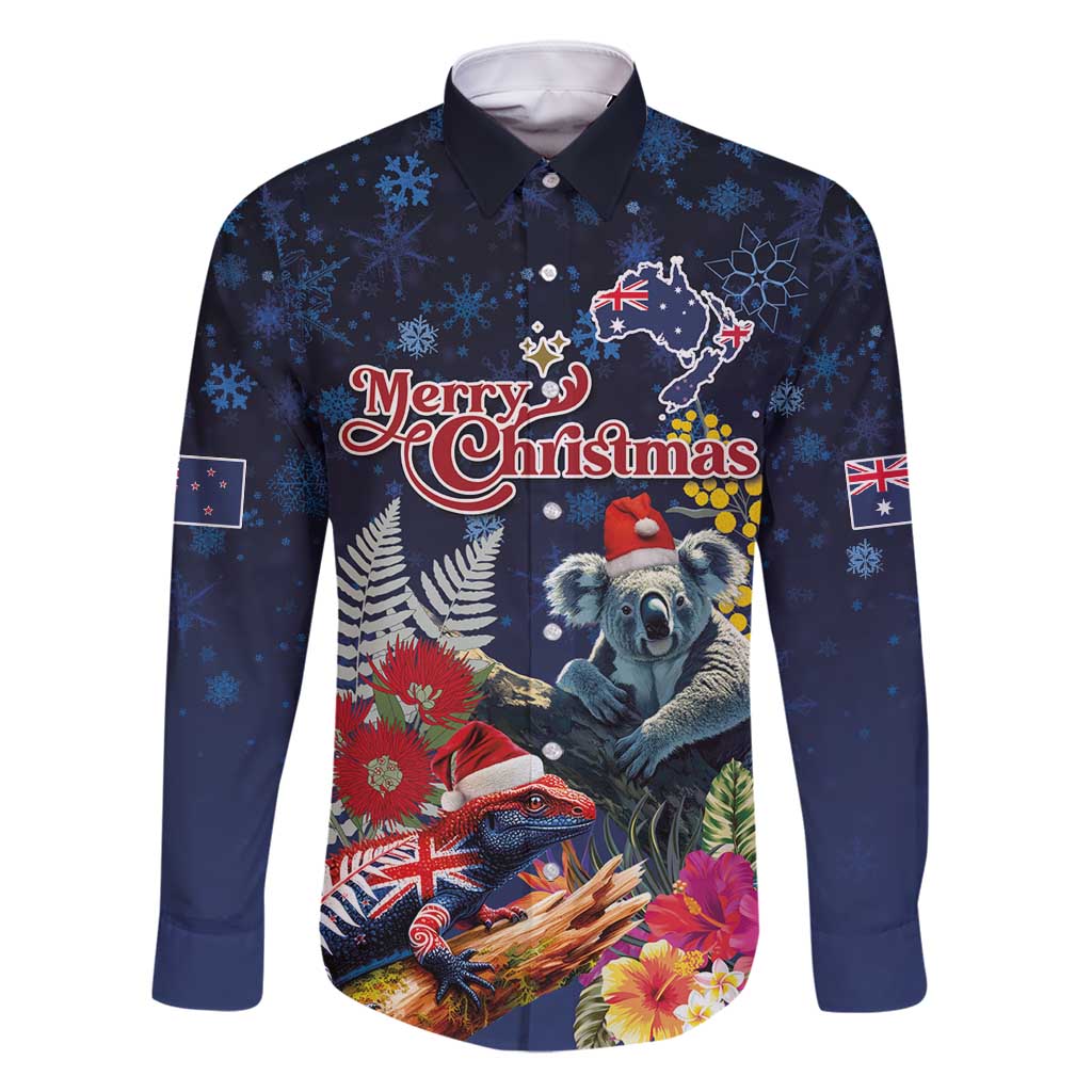 Australia and New Zealand Family Matching Long Sleeve Bodycon Dress and Hawaiian Shirt Merry Christmas-Tuatara and Koala with Plants Xmas Style LT03 Dad's Shirt - Long Sleeve Navy - Polynesian Pride