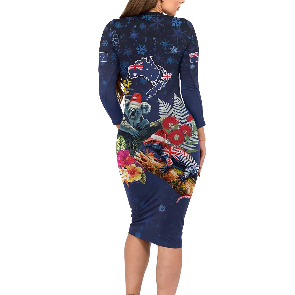 Australia and New Zealand Family Matching Long Sleeve Bodycon Dress and Hawaiian Shirt Merry Christmas-Tuatara and Koala with Plants Xmas Style LT03 - Polynesian Pride
