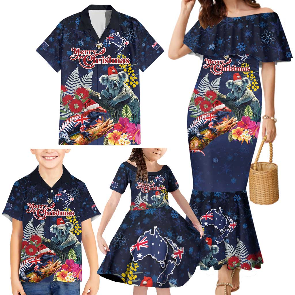 Australia and New Zealand Family Matching Mermaid Dress and Hawaiian Shirt Merry Christmas-Tuatara and Koala with Plants Xmas Style LT03 - Polynesian Pride