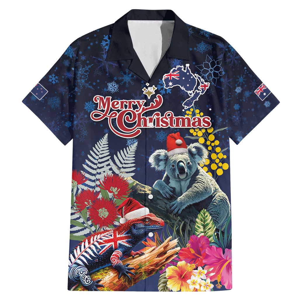 Australia and New Zealand Family Matching Mermaid Dress and Hawaiian Shirt Merry Christmas-Tuatara and Koala with Plants Xmas Style LT03 Dad's Shirt - Short Sleeve Navy - Polynesian Pride