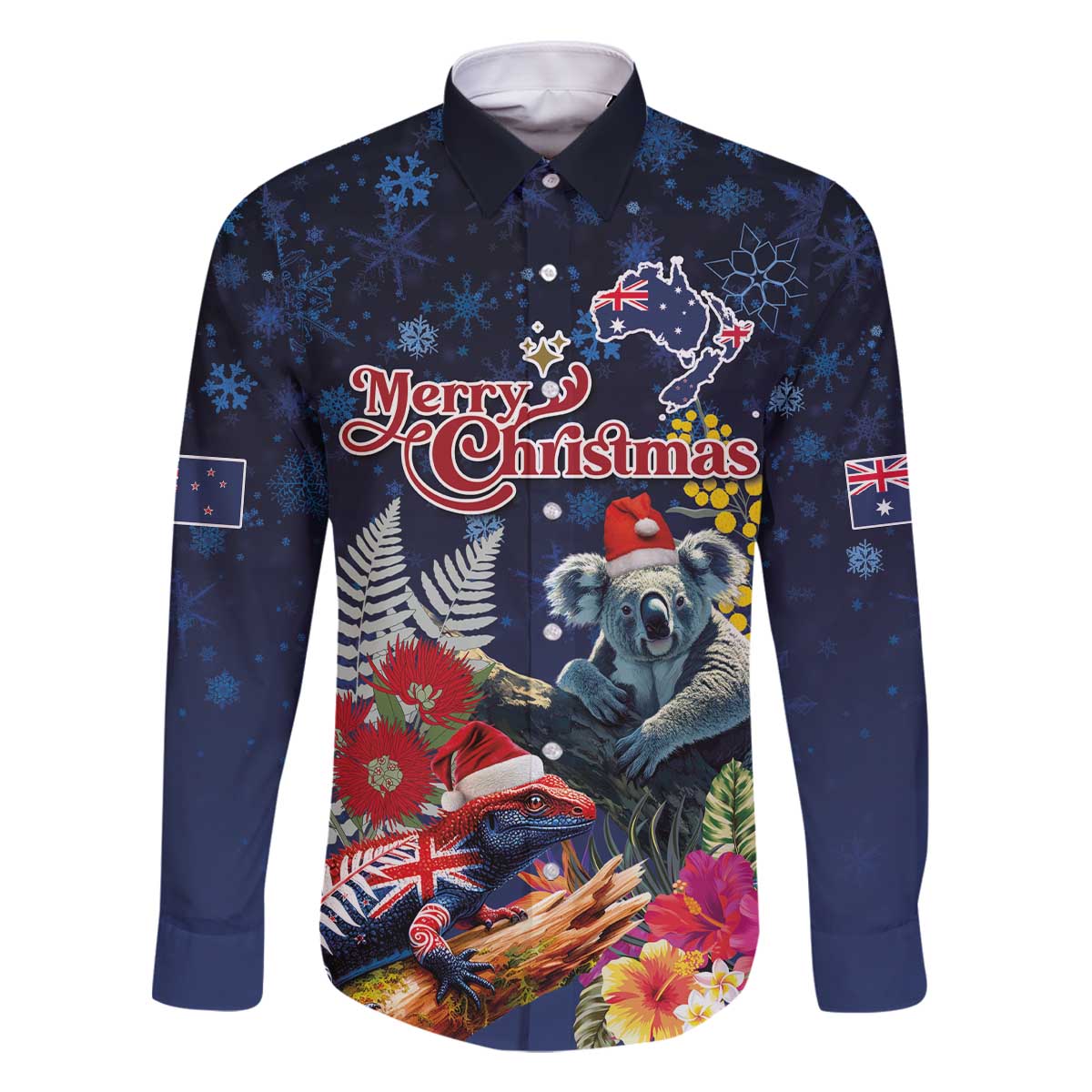 Australia and New Zealand Family Matching Off The Shoulder Long Sleeve Dress and Hawaiian Shirt Merry Christmas-Tuatara and Koala with Plants Xmas Style