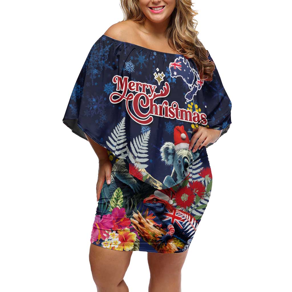 Australia and New Zealand Family Matching Off Shoulder Short Dress and Hawaiian Shirt Merry Christmas-Tuatara and Koala with Plants Xmas Style LT03 Mom's Dress Navy - Polynesian Pride