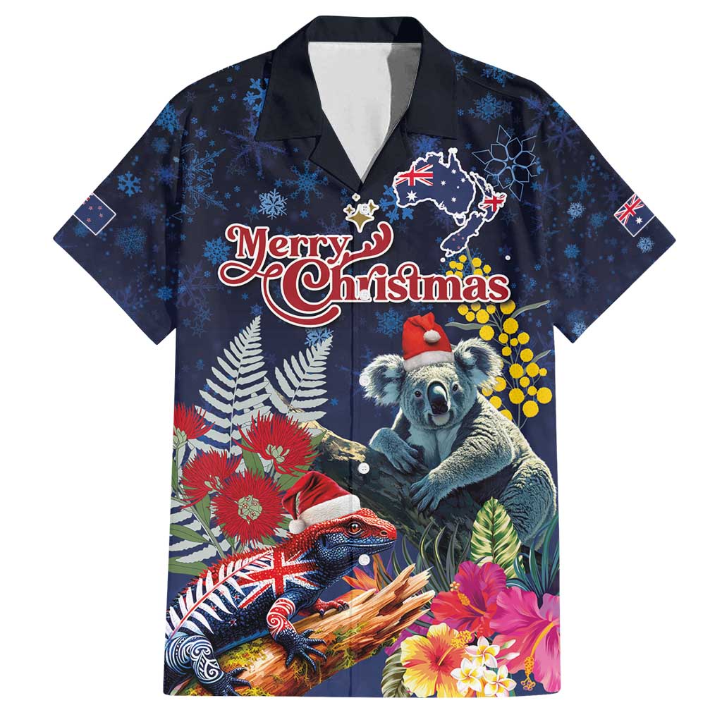 Australia and New Zealand Family Matching Puletasi and Hawaiian Shirt Merry Christmas-Tuatara and Koala with Plants Xmas Style LT03 Dad's Shirt - Short Sleeve Navy - Polynesian Pride