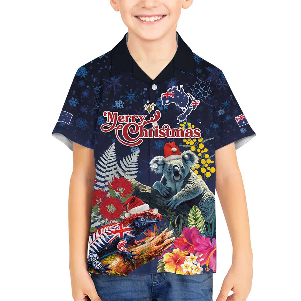 Australia and New Zealand Family Matching Puletasi and Hawaiian Shirt Merry Christmas-Tuatara and Koala with Plants Xmas Style LT03 Son's Shirt Navy - Polynesian Pride