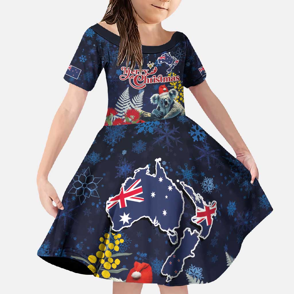 Australia and New Zealand Family Matching Short Sleeve Bodycon Dress and Hawaiian Shirt Merry Christmas-Tuatara and Koala with Plants Xmas Style LT03 Daughter's Dress Navy - Polynesian Pride