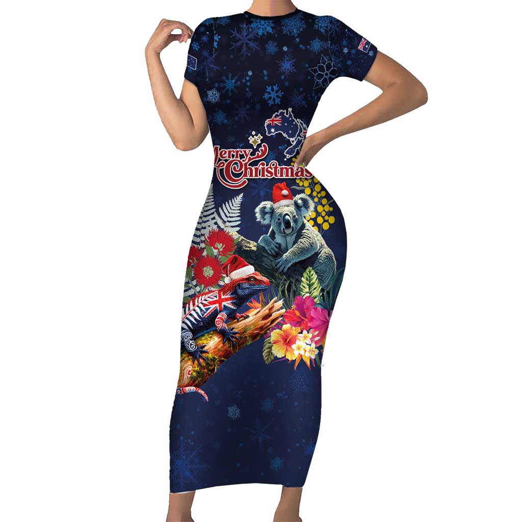 Australia and New Zealand Family Matching Short Sleeve Bodycon Dress and Hawaiian Shirt Merry Christmas-Tuatara and Koala with Plants Xmas Style LT03 Mom's Dress Navy - Polynesian Pride