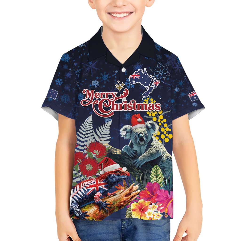 Australia and New Zealand Family Matching Short Sleeve Bodycon Dress and Hawaiian Shirt Merry Christmas-Tuatara and Koala with Plants Xmas Style LT03 Son's Shirt Navy - Polynesian Pride