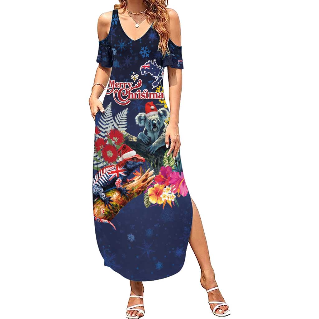 Australia and New Zealand Family Matching Summer Maxi Dress and Hawaiian Shirt Merry Christmas-Tuatara and Koala with Plants Xmas Style LT03 Mom's Dress Navy - Polynesian Pride