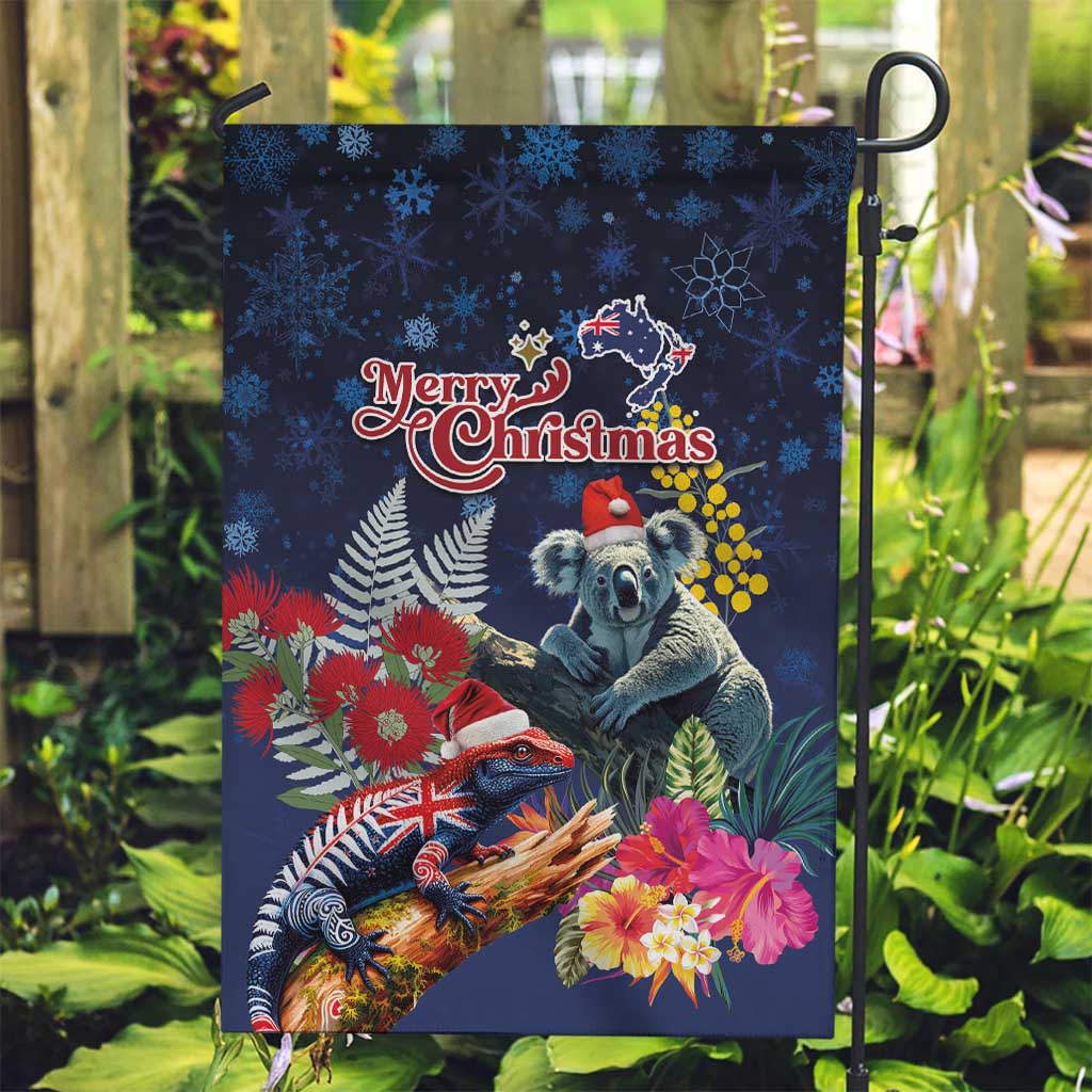 Australia and New Zealand Garden Flag Merry Christmas-Tuatara and Koala with Plants Xmas Style