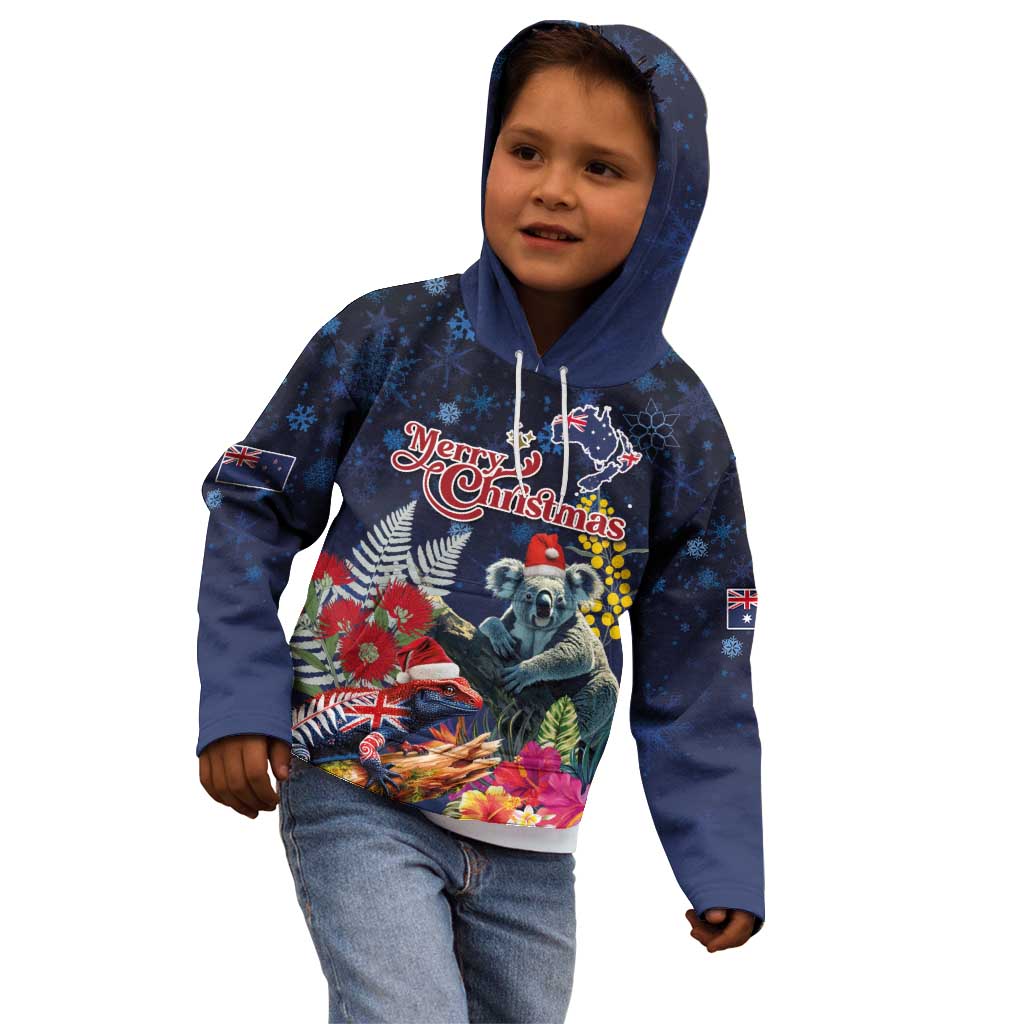 Australia and New Zealand Kid Hoodie Merry Christmas-Tuatara and Koala with Plants Xmas Style
