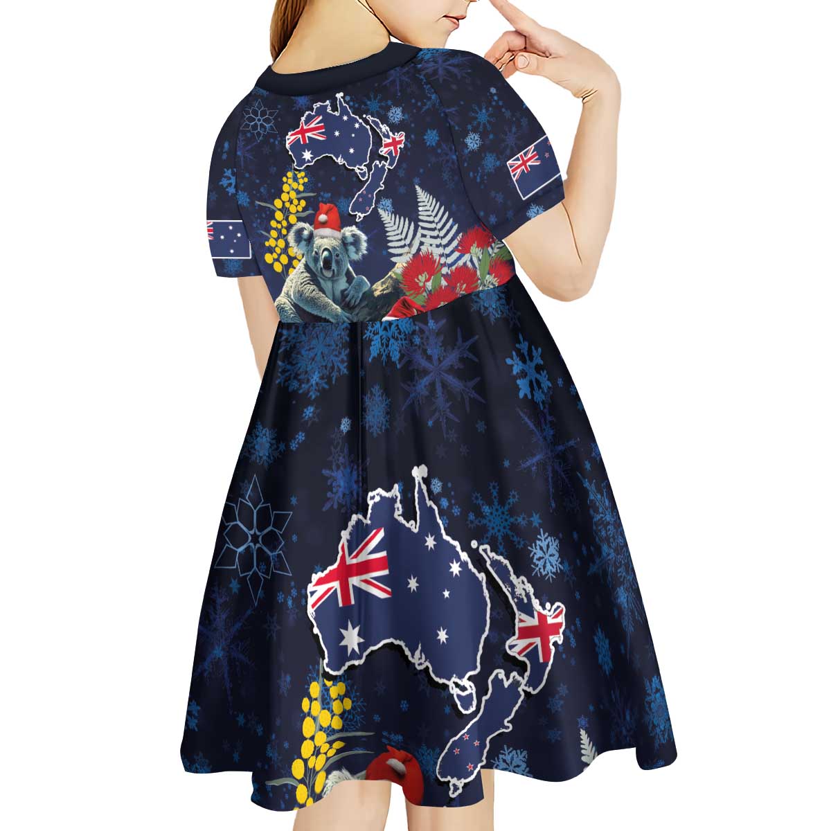 Australia and New Zealand Kid Short Sleeve Dress Merry Christmas-Tuatara and Koala with Plants Xmas Style