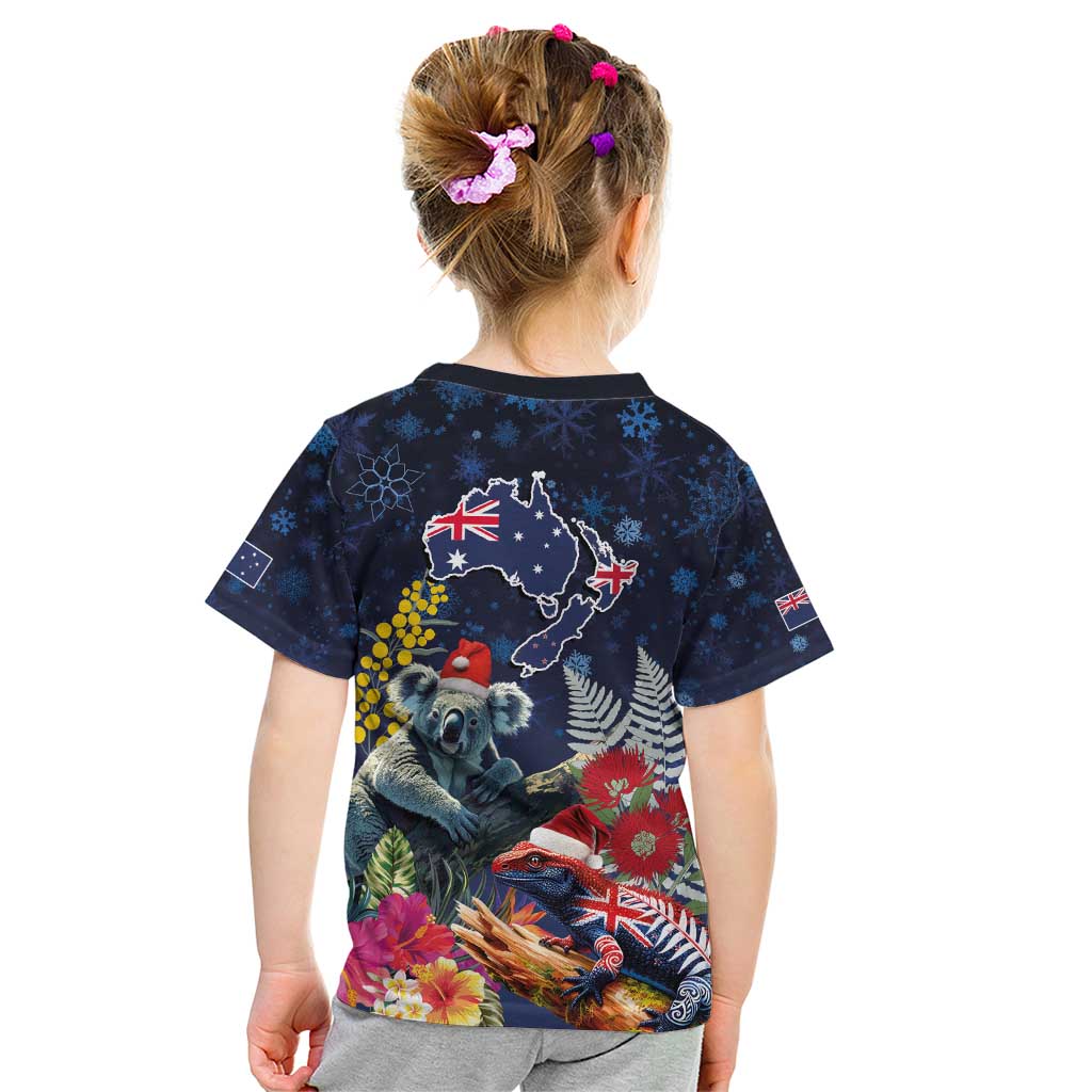 Australia and New Zealand Kid T Shirt Merry Christmas-Tuatara and Koala with Plants Xmas Style