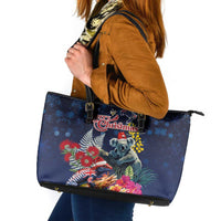 Australia and New Zealand Leather Tote Bag Merry Christmas-Tuatara and Koala with Plants Xmas Style