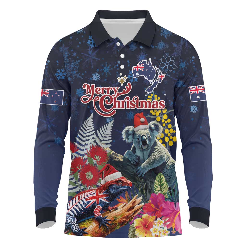 Australia and New Zealand Long Sleeve Polo Shirt Merry Christmas-Tuatara and Koala with Plants Xmas Style LT03 Navy - Polynesian Pride