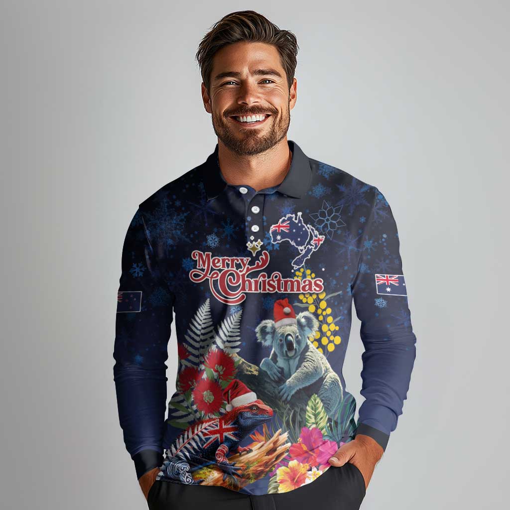 Australia and New Zealand Long Sleeve Polo Shirt Merry Christmas-Tuatara and Koala with Plants Xmas Style LT03 - Polynesian Pride