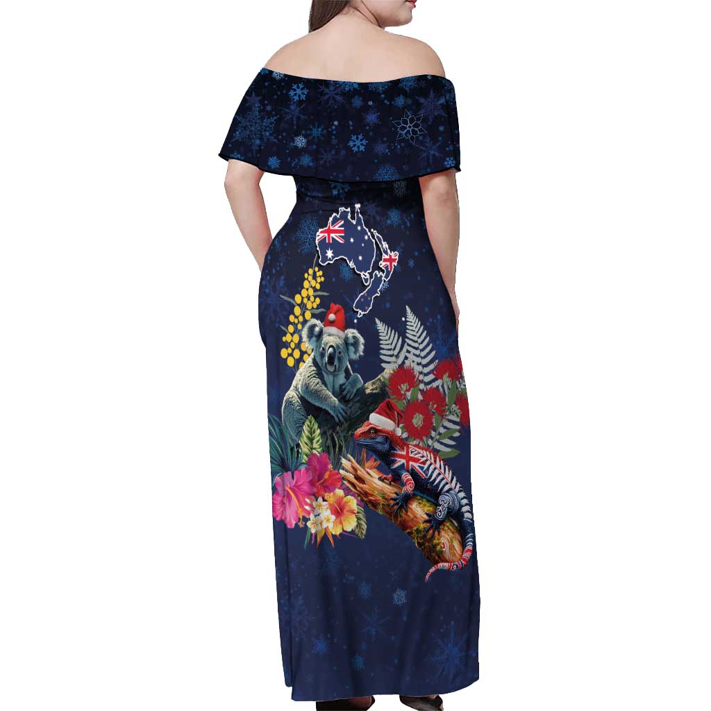 Australia and New Zealand Off Shoulder Maxi Dress Merry Christmas-Tuatara and Koala with Plants Xmas Style