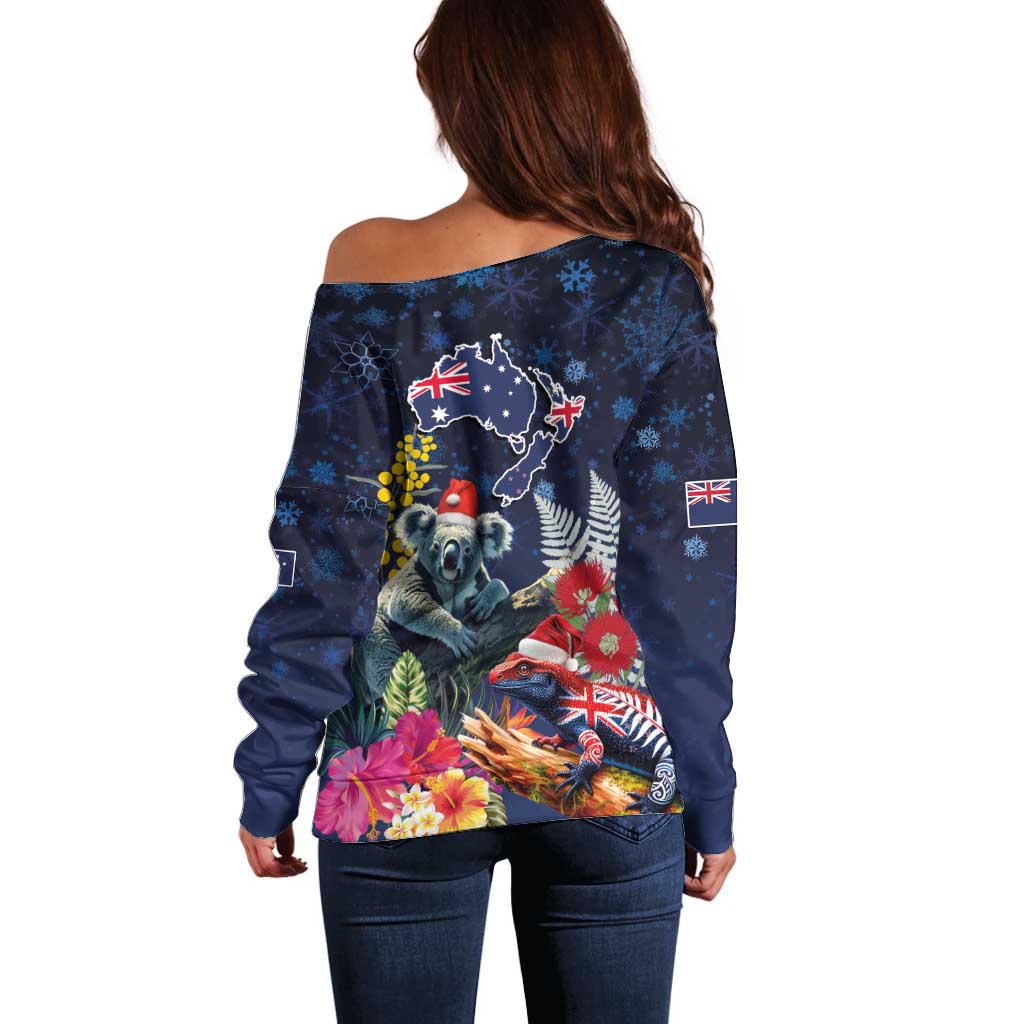 Australia and New Zealand Off Shoulder Sweater Merry Christmas-Tuatara and Koala with Plants Xmas Style