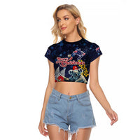 Australia and New Zealand Raglan Cropped T Shirt Merry Christmas-Tuatara and Koala with Plants Xmas Style LT03 Female Navy - Polynesian Pride