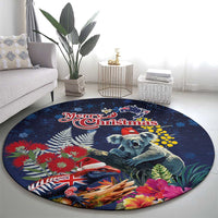 Australia and New Zealand Round Carpet Merry Christmas-Tuatara and Koala with Plants Xmas Style