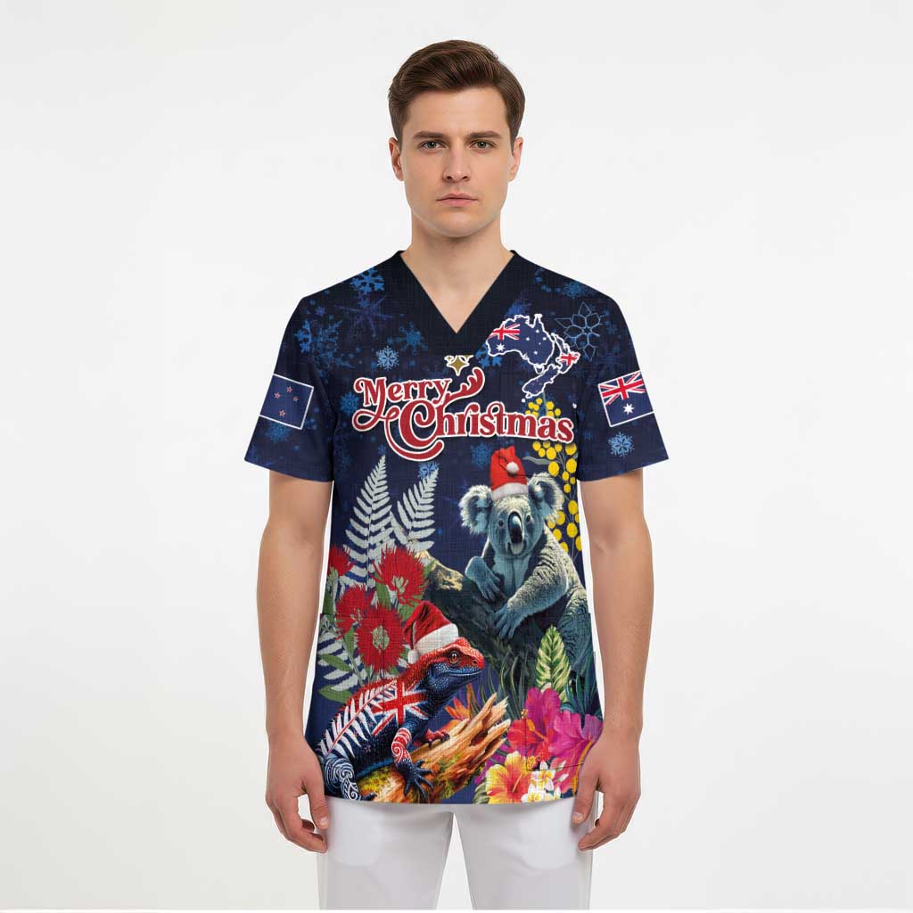 Australia and New Zealand Scrub Top Merry Christmas-Tuatara and Koala with Plants Xmas Style - Polynesian Pride