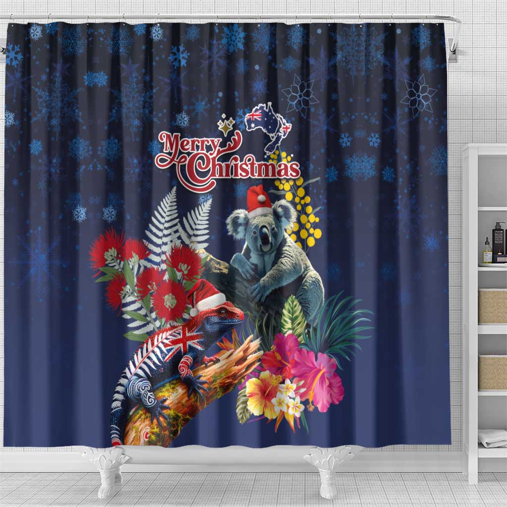 Australia and New Zealand Shower Curtain Merry Christmas-Tuatara and Koala with Plants Xmas Style